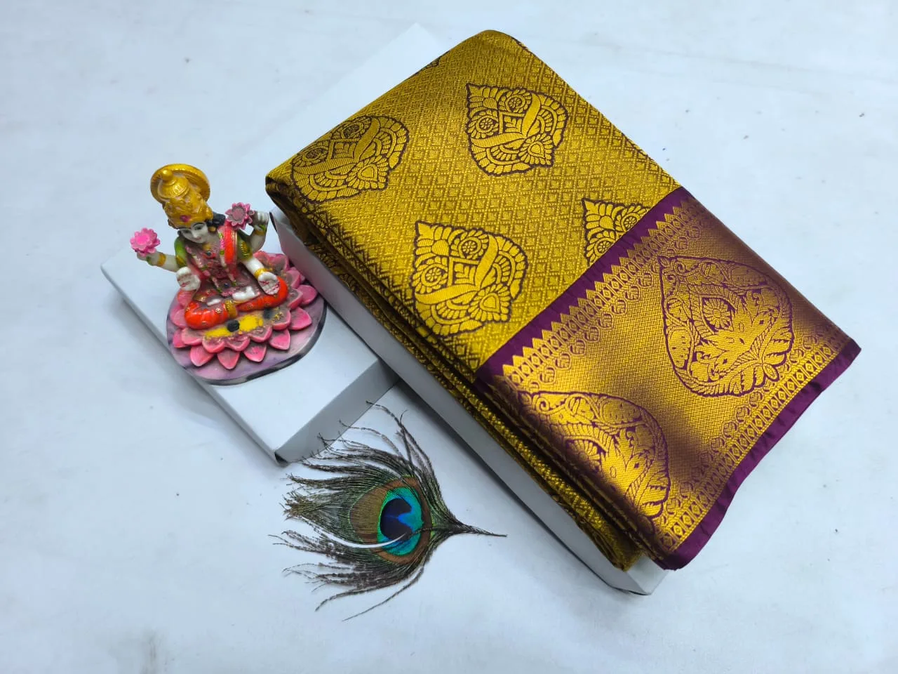 Mustard Gold with Wine Purple Mango Butta Kanchipuram Silk Saree